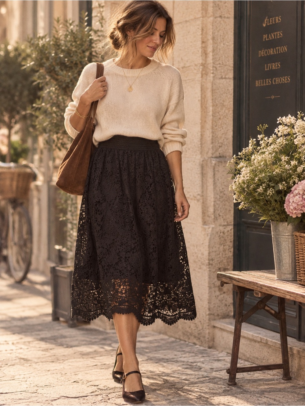 Womens Lace Midi Skirt - Black